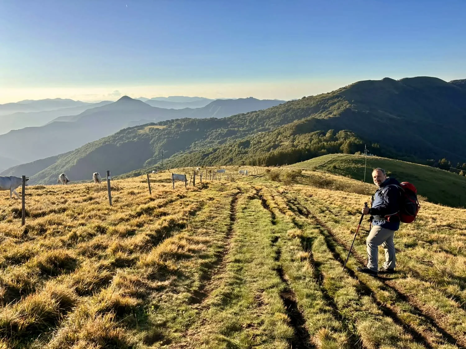 Un camminatore attraversa i prati in quota, davanti a un orizzonte di montagne